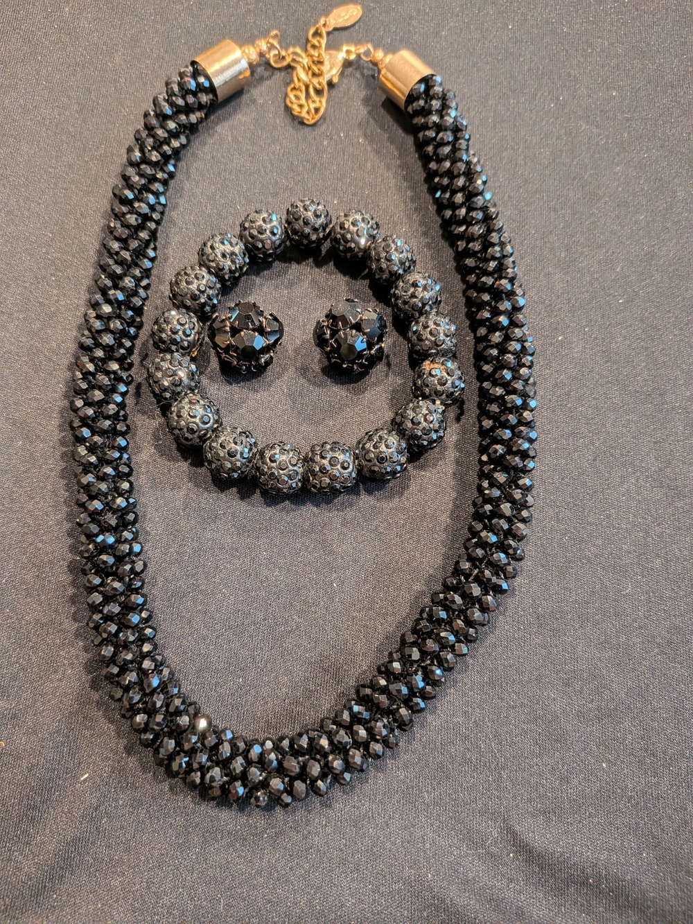 Black Glass Bead Torsade Necklace12" Bracelet & Earring Set